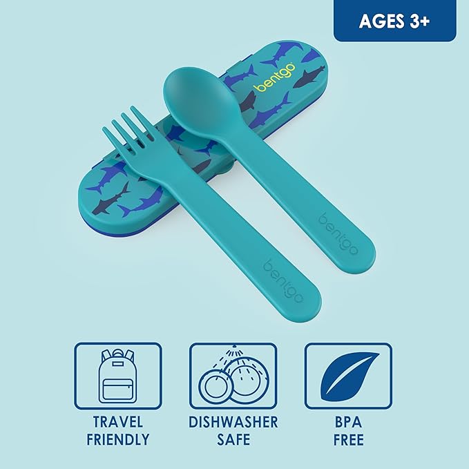 Bentgo Kids Utensil Set - Reusable Plastic Fork, Spoon & Storage Case - BPA-Free Materials, Easy-Grip Handles, Dishwasher Safe - Ideal for School Lunch, Travel, & Outdoors (Shark)