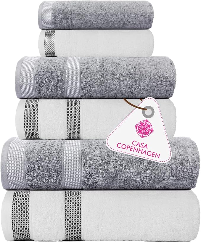 CASA COPENHAGEN Solitaire Mix 6 Pieces Towel Set- White + Grey Violet, 600 GSM 2Bath Towel 2Hand Towel 2Washcloth, Designed in Denmark Made of Soft Egyptian Cotton for Bathroom, Kitchen & Shower