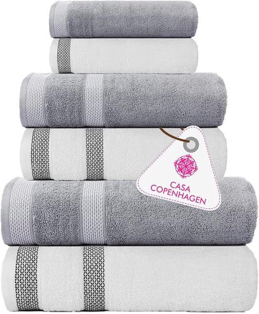 CASA COPENHAGEN Solitaire Mix 6 Pieces Towel Set- White + Grey Violet, 600 GSM 2Bath Towel 2Hand Towel 2Washcloth, Designed in Denmark Made of Soft Egyptian Cotton for Bathroom, Kitchen & Shower