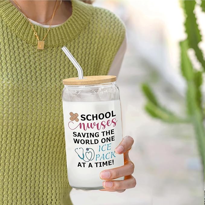 School Nurse Gifts Glass Cup Lids and Straws 14oz, Nurse Appreciation for Nursing Students Glass Iced Coffee Tumbler Drinking Jars with Cleaning Brush