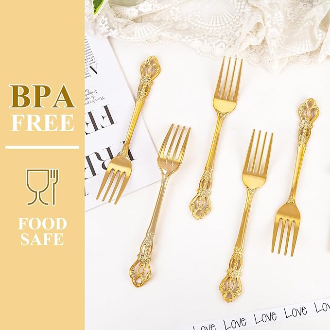 30PCS Gold Plastic Forks - 8.1inch Gold Forks Disposable - Vintage Heavy Duty Dessert Forks - Premium Fancy Plastic Silverware for Parties, Weddings, Dinners and Events