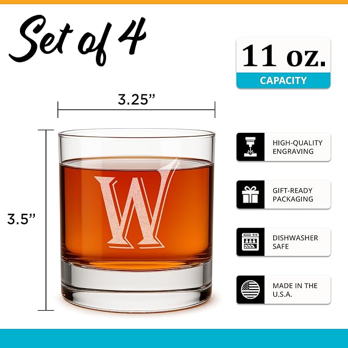 (W-Monogram)- 4 Piece Set of 11 Ounce Engraved Heavy Base Rocks Glasses- Quality Elegant Glass-Multi-Purpose Beverage-Rocks Glass- For any Occasion- By: On The Rox
