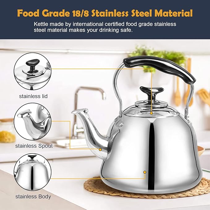 Tea Kettle Stovetop Whistling Teakettle ClassicTeapot Stainless Steel Tea Pots for Stove Top with Heat-resistant Folding Handle Mirror Finish, 2 liters