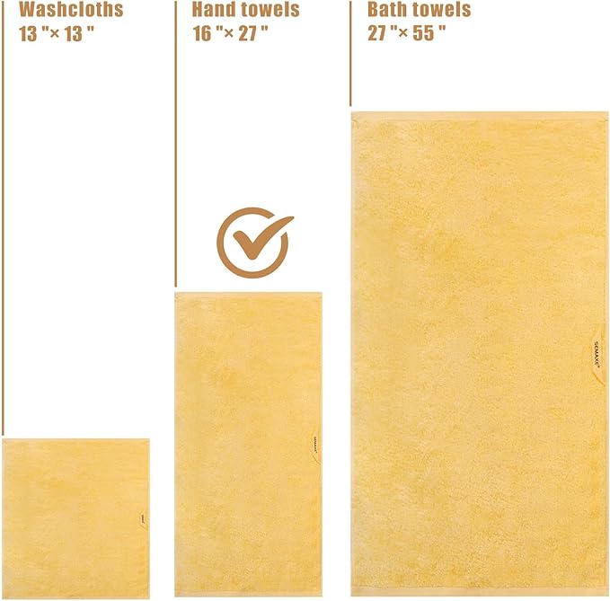 SEMAXE Hand Towel for Bathroom, 100% Combed Cotton Towel with Hanging Loop, Hotel Quality Absorbent Towel, Solid Colored Simple Style, 1 Pc Yellow Hand Towel, 550 GSM, 27" L x 16" W