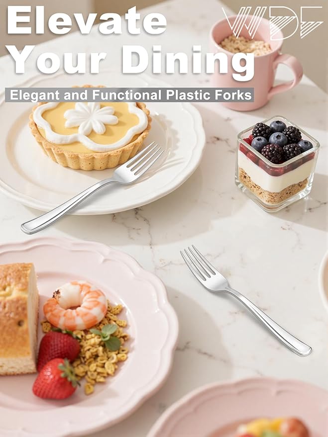 WDF 100 Piece Silver Plastic Forks - 7.4inch Silver Forks Disposable - Plastic Silverware for Dessert Cake - Heavy Duty Plastic Cutlery for Christmas Party or Daily Using