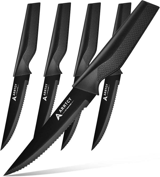 Steak Knives Set of 4 - German Stainless Steel 4.5 Inch Serrated Steak Knives - Ergonomic Anti-Slip Handles - Dishwasher Safe - Elegant Gift for Holidays - Black