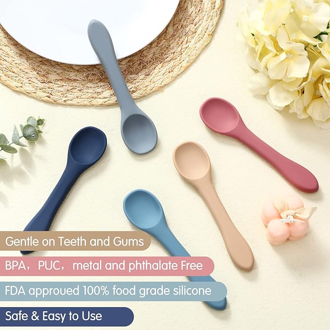 Aedida 5-Piece Silicone Baby Feeding Spoons, Infant Spoon Set Bendable Spoons for Toddlers Soft Tip Baby Training Spoon, First Stage Utensils Feeding Supplies