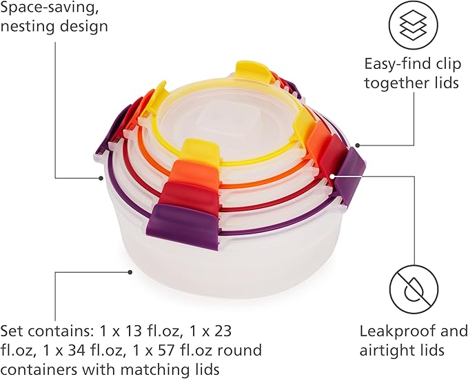 Joseph Joseph Nest Lock 8-piece Plastic BPA Free Round Food Storage Container Set with Lockable Airtight Leakproof Lids - Multicolor