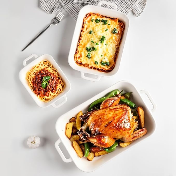 Sweejar Relief Casserole Dishes for Oven, Ceramic 9x13 Baking Pans Set for Cooking, Cake, Banquet and Daily Use, Rectangular Bakeware Set, Porcelain Baking Dish, Lasagna Pan Deep with Handles(White)