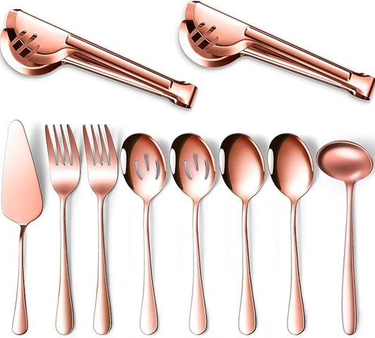 Patelai Serving Utensils Set Include Stainless Steel Large Spoons Slotted Spoons Forks Tongs Soup Ladle and Pie Server for Parties Buffet Catering, Dishwasher Safe(Rose Gold,10 Pieces)