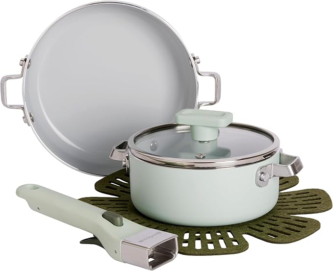 GoodCook Ceramic Cookware Set 5-Piece with Removable Handle, Induction Compatible, Nonstick and Oven Safe with 8-Inch Frypan, Sage Green