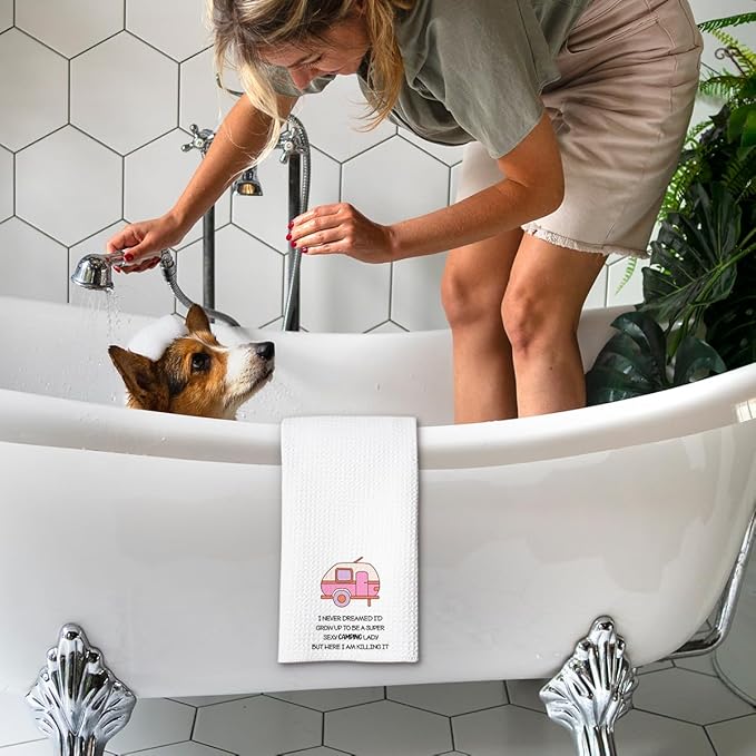 Funny Camping Kitchen Towels 16x24 Waffle Weave, I Never Dreamed I’d Grow Up to Be a Super Sexy Camping Lady Dish Towels, Camp RV Gifts for Women, Gifts for Campers