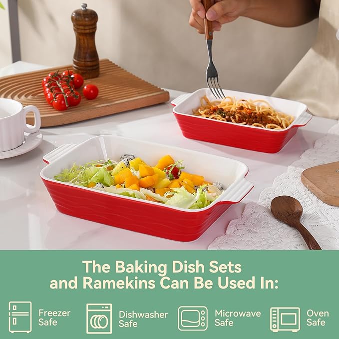 Baking Dish for Oven Ceramic Lasagna Pan 9×12.8 Inch Casserole Dishes Bakeware Set With Ramekin Large Deep Baking Dishes Rectangular Non-Stick Baking Pans for Kitchen Baking and Roasting Red