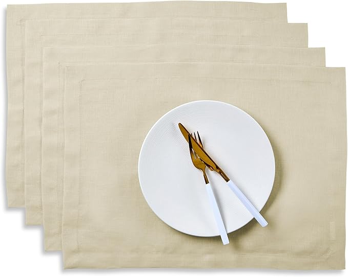 Solino Home Linen Cloth Placemats Set of 4 - 100% Pure Linen Birch Placemats 14 x 19 Inch - Fete