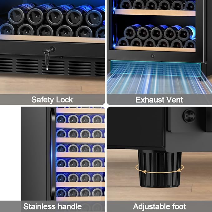 Wine Cooler-Wine Refrigerator 24 Inch Wide Large Freestanding/Built in Wine Fridge for 176 Bottles with Safety Lock Cellar Chiller Low Noise, Fast Cooling, Black