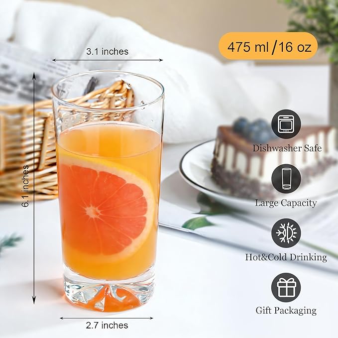 Drinking Glasses Set of 6, 16oz Glass Cups with Wide Mouth Design,Water Glasses for Bar Glassware, Premium Tall Glasses Drinking Set for Water, Beer, Juice and Cocktail, Unique Christmas Gifts