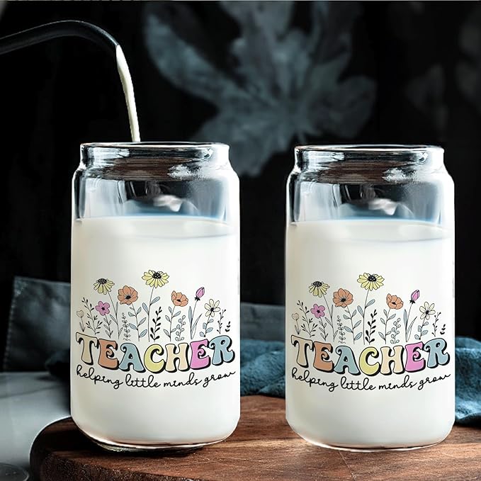 Floral Teacher Glass Cup Lids and Straws 14oz, Kindergarten Teacher Gifts for Women, Teachers Appreciation Gifts Glass Iced Coffee Tumbler Drinking Jars with Cleaning Brush
