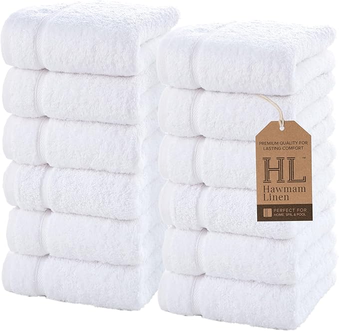 Hawmam Linen Luxury Cotton Washcloths 13x13 Inch - Large Hotel Spa Bathroom Face Towel | 12 Pack | White