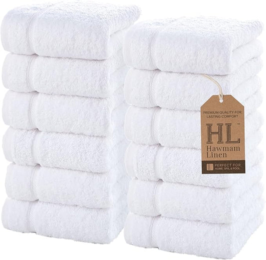 Hawmam Linen Luxury Cotton Washcloths 13x13 Inch - Large Hotel Spa Bathroom Face Towel | 12 Pack | White