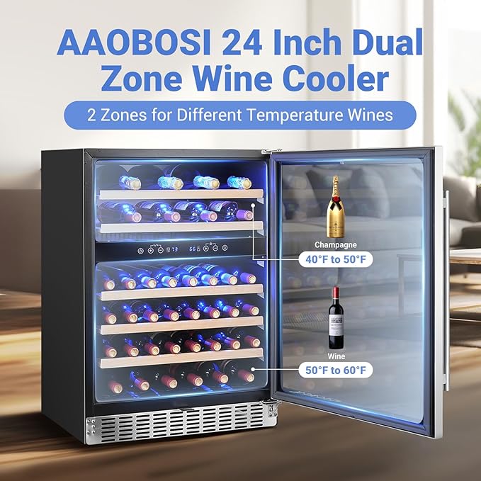 AAOBOSI 24 Inch Wine Fridge, 46 Bottles Wine Cooler with Dual Zone, Freestanding and Built-in Wine Refrigerator with Adjustable Shelves and Safety Lock, Double-Layer Glass Door, LED Light