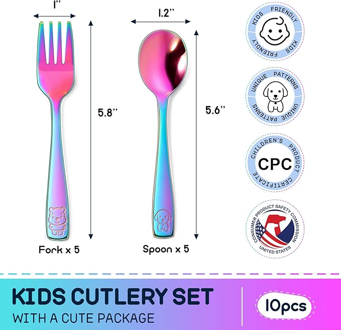 VITEVER 10 Pack Toddler Utensils, Stainless Steel Rainbow Silverware Set for Kids, Children Safe Cutlery Set Includes Forks and Spoons - Dishwasher Safe