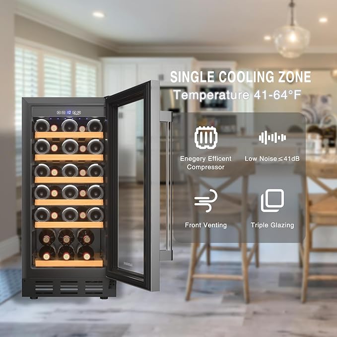 31 Bottles Wine Cooler Refrigerator, 15 Inch Wine Cooler with Single Zone, Built-in or Under Counter, 41-64°F Digital Touchscreen, Triple-Layer Glass,Wine Cellars for kitchen