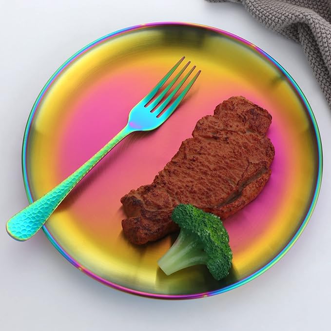 Buyer Star 12 Pieces Hammered Dinner Forks Set, 7.9 Inch Stainless Steel Forks,Table Forks,Flatware Forks, Mirror Finish & Dishwasher Safe,Use for Home,Kitchen or Restaurant (Rainbow)