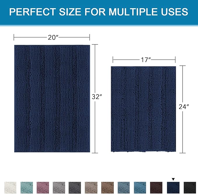 H.VERSAILTEX Navy Blue Bathroom Rugs 2 Piece, Bath Mat Set Slip-Resistant Extra Absorbent Soft and Fluffy Striped Chenille Bath Rugs, Floor Mats Dry Fast Machine Washable (20" x 32"/17" x 24")