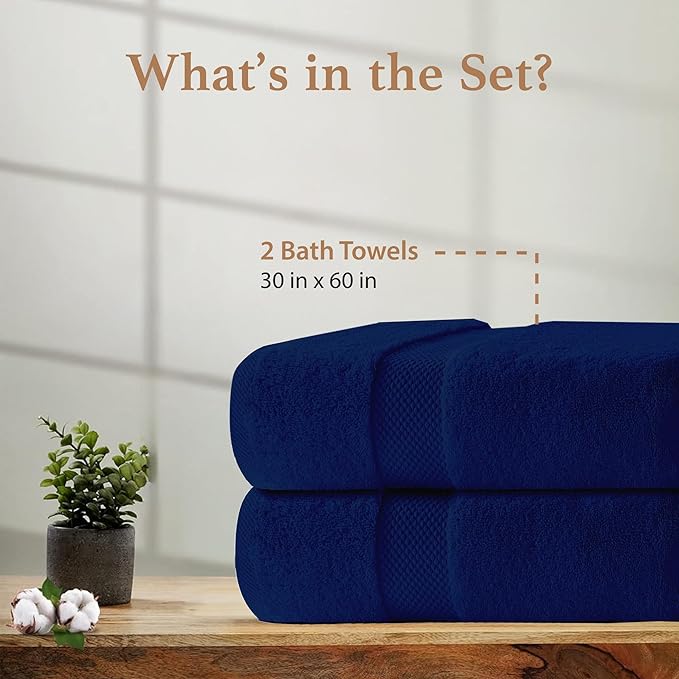 100% Cotton Bath Towels, Pack of 2 Towels for Bathroom, Luxury 700 GSM Bath Towel, Highly Absorbent Bathroom Towel Set, 30 x 60 Inches Large Bath Towels, Super Soft & Quick Dry Towel Set, Navy Blue