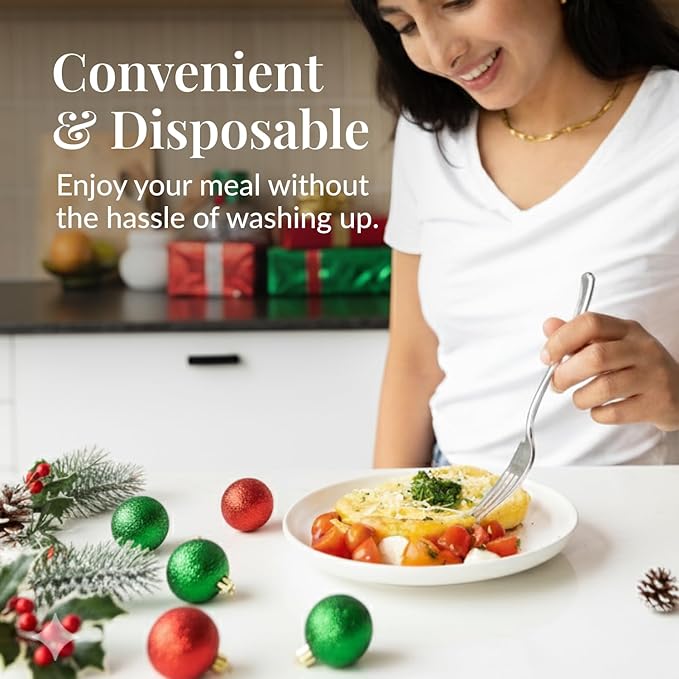 Prestee 300 Count Plastic Forks - 7 Inch Heavy Duty Disposable Silverware - Bulk Fancy Silver Fork Set for Table Decor - Durable Plastic Silverware for Parties, Events and Christmas Holidays