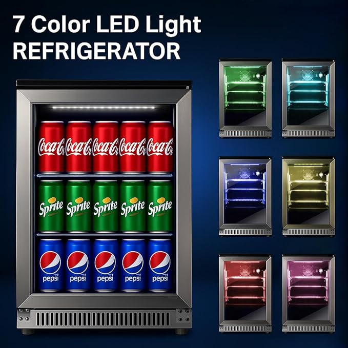 20 Inch Built-in Beverage Refrigerator with 7-Color LED Light, Compact 120 Can Under Counter or Freestanding Stainless Steel Drink Cooler Fridge with Glass Door for Soda & Beer