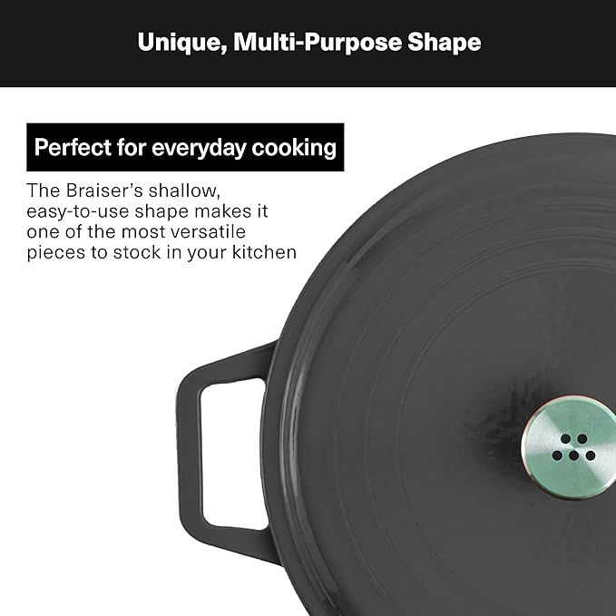 Misen 5.5 QT Braiser – Enameled Cast Iron Pan for Searing, Braising & Slow Cooking – No-Chip Enamel Coating – Extra-Wide Handles – Superior Heat Retention & Even Cooking - Black