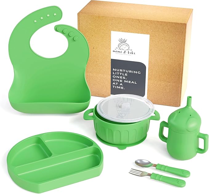 mimi & kiki BPA-Free Silicone Baby Feeding Set, Baby Plates and Bowls Set, Baby Led Weaning Supplies, Silicone Suction Plate, Baby Utensils, Bib and Cup, Self Feeding, Dishwasher Safe (Green)