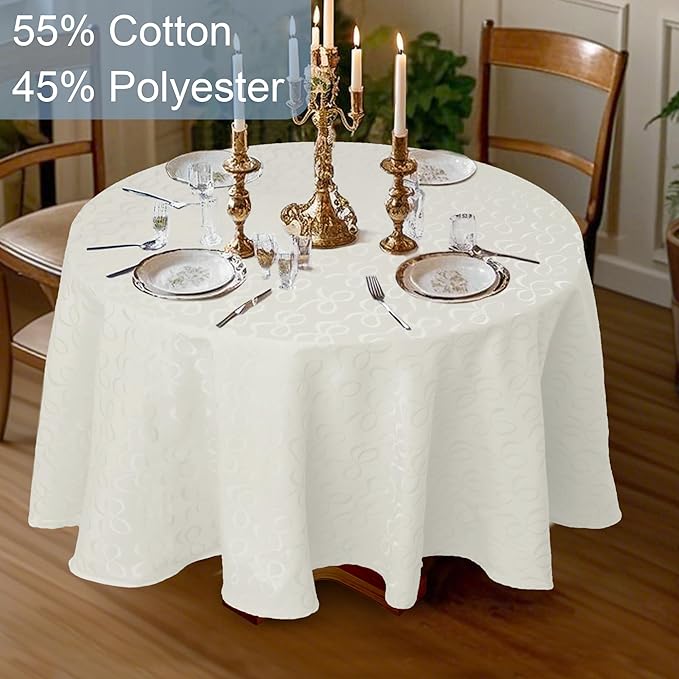 White Round Tablecloth 70 Inch Cloth for 5ft Tables (4-6 Seats) - Cotton & Polyester - Wrinkle/Fade Resistant - Washable & Reusable - 1PC Circle Table Cover for Wedding, Party & Dining, Bows Jacquard