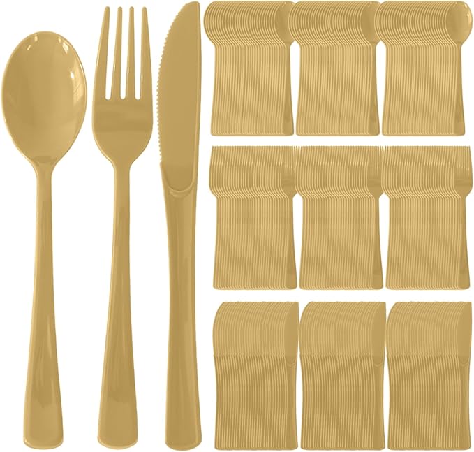 300 Pack Disposable Plastic Silverware, Heavy Duty Gold Plastic Cutlery Set Includes 100 Forks 100 Knives 100 Spoons for Birthday Wedding Party Picnics (300, Gold)
