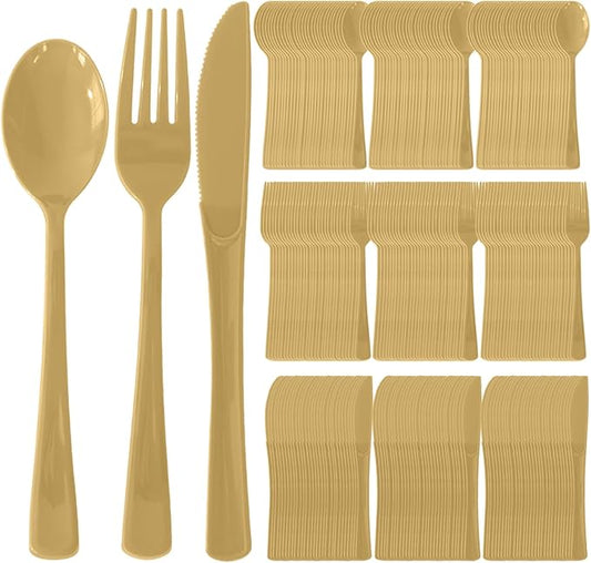 300 Pack Disposable Plastic Silverware, Heavy Duty Gold Plastic Cutlery Set Includes 100 Forks 100 Knives 100 Spoons for Birthday Wedding Party Picnics (300, Gold)