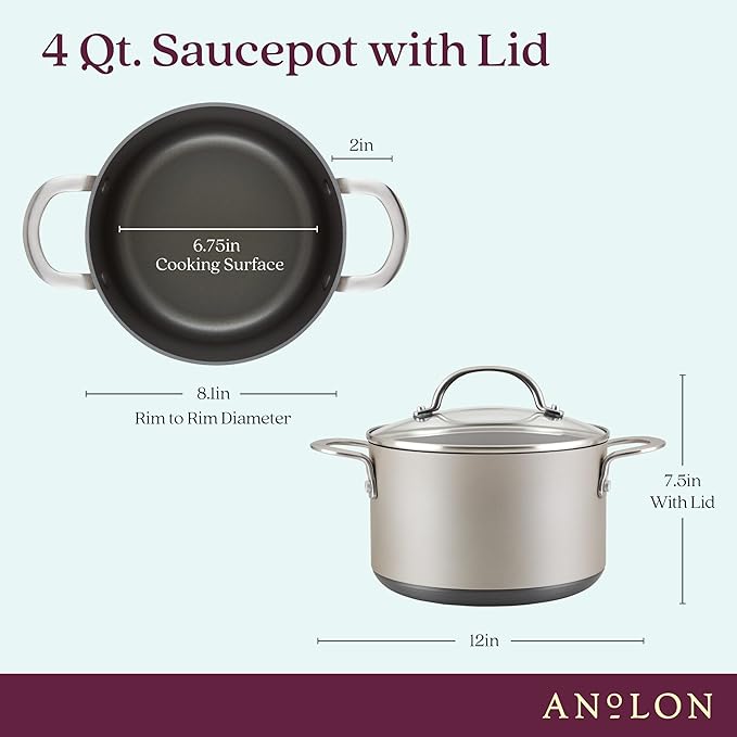 Anolon Achieve Hard Anodized Nonstick Saucepot with Lid, Aluminum, 4 Quart, Silver