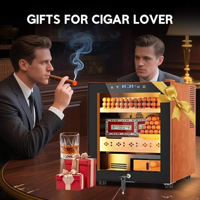 Tylza Leather Trim Cigar Humidor, 50L Cigar Humidor Cabinet with Auto Humidity & Temp Control, 400 Counts, 3 LED Lights, Spanish Cedar Wood, Cigar Humidors with Safety Lock, Gifts for Men