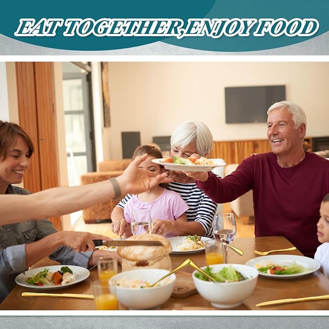 Nuenen 50 Pieces Stainless Steel Forks Silverware Set Dinner Forks and Knives Flatware Tableware Cutlery Set for Kitchen Restaurant(8.07 x 0.94 Inch, 9.06 x 0.79 Inch,Gold)