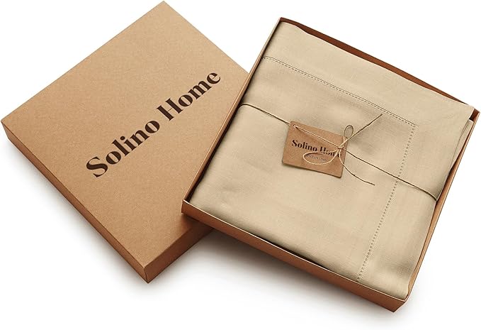 Solino Home Linen Beige Tablecloth 60 x 90 Inch - Classic Hemstitch, 100% Pure Linen Rectangular Tablecloth - Machine Washable Table Cloth for New Year