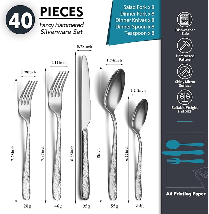Hammered Silverware Set, EIUBUIE 40-Piece Stainless Steel Flatware Set for 8, Mirror Finish Tableware Kitchen Cutlery Sets, Durable Home Eating Utensils Sets Includes Fork Spoon Knife, Dishwasher Safe