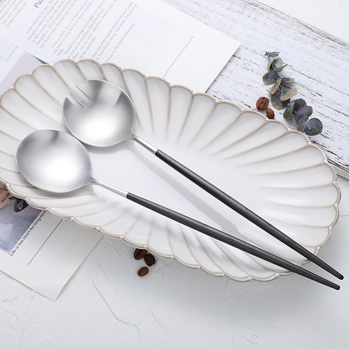 Salad Servers,Spoon and Fork Set 11.41 inch,18/10 Stainless Steel Salad Serving Titanium Plating (black silver)