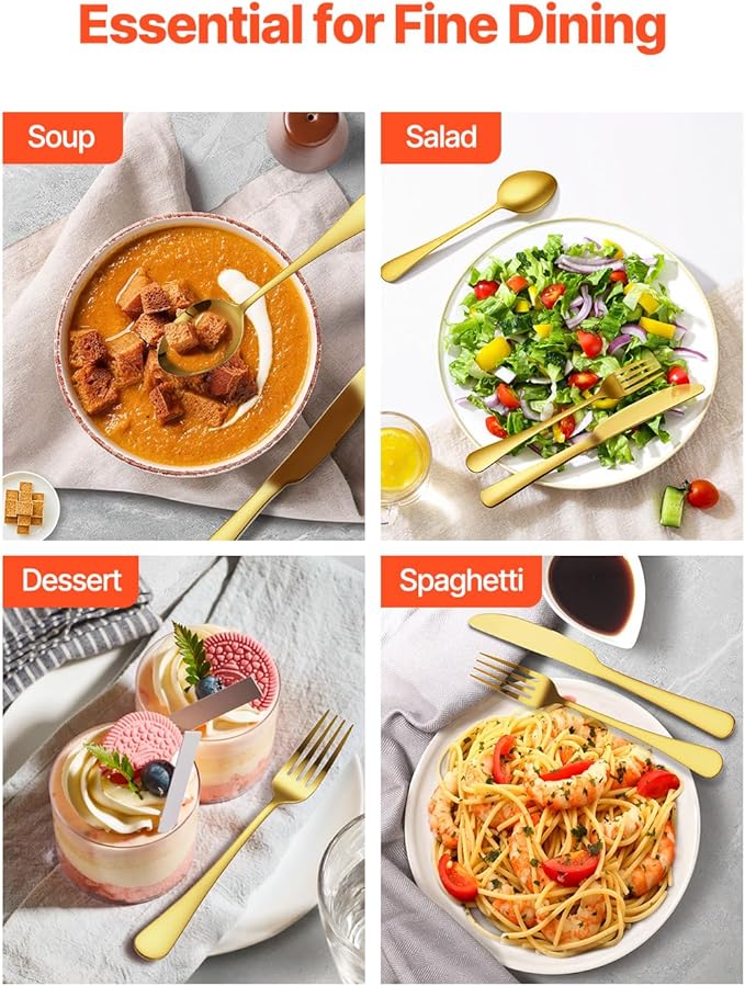 VEVOR 60-Piece Gold Silverware Set, Food-Grade Stainless Steel Flatware Utensils for 12, Mirror Finished Cutlery Set, Dishwasher Safe Eating Tableware for Kitchen Home, Include Knife Fork Spoon