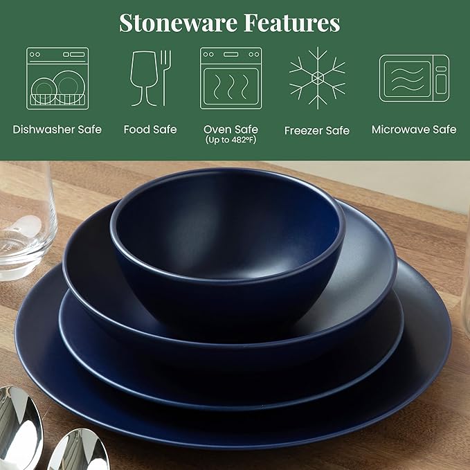 Larder & Vine Ceramic Stoneware Dinnerware 16-Piece Set, 4 Place Settings (Indigo)