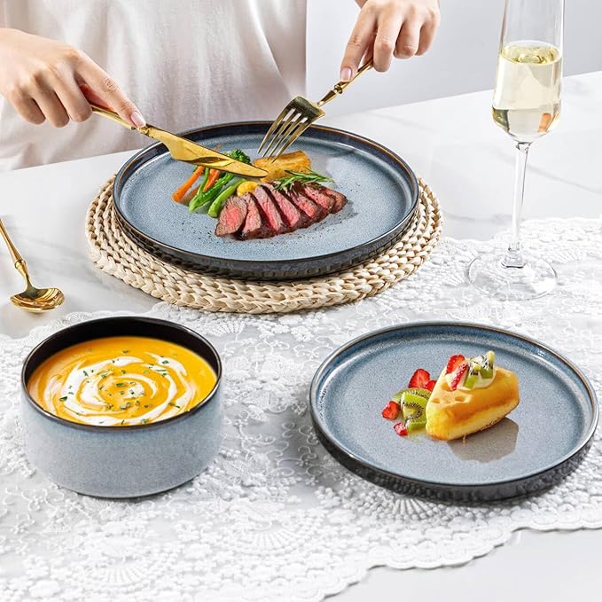 LERATIO Ceramic Dinnerware Sets for 4,Round Reactive Glaze Ceramic Plates and Bowls Set | Dishwasher & Microwave Safe Dishes Set,Service for 4 (12pc)-Gray White