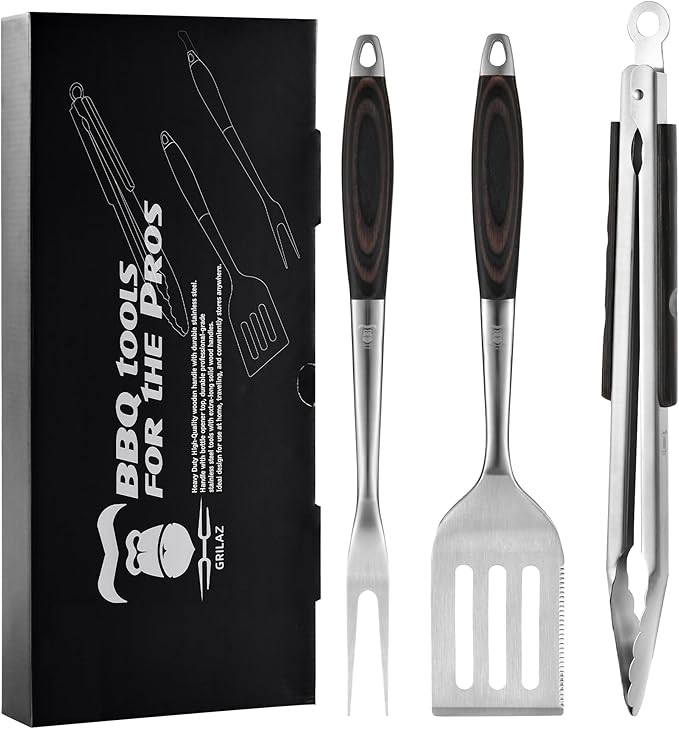 Stainless Steel BBQ Tool Set | Dark-Dyed Wood Handles | Heavy Duty Grilling Accessories | 3-Piece Outdoor Barbecue Grill Utensil Set with Spatula, Fork, and Tongs - Ideal Gift for Men…