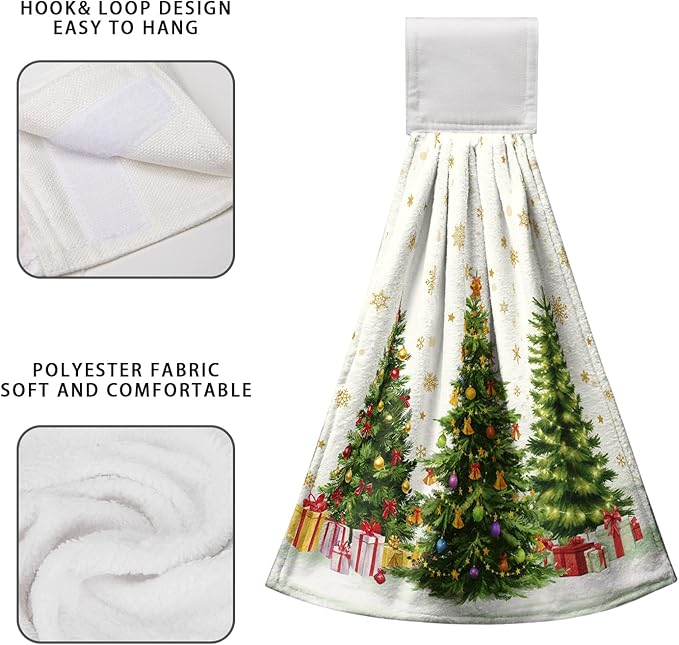 Xmas Tree Hanging Kitchen Towels Winter Holiday Hand Tie Towel Snowflakes Dish Towels with Loop Soft Absorbent Dishcloth for Bathroom Kitchen