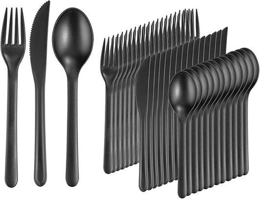Supernal 180pcs Plastic Silverware Heavy Duty Matt Black Silverware Set Plastic Reusable Wheat Straw Cutlery Set Wheat Straw Reusable Spoon Knife Forks Set Tableware Dishwasher Microwave Safe