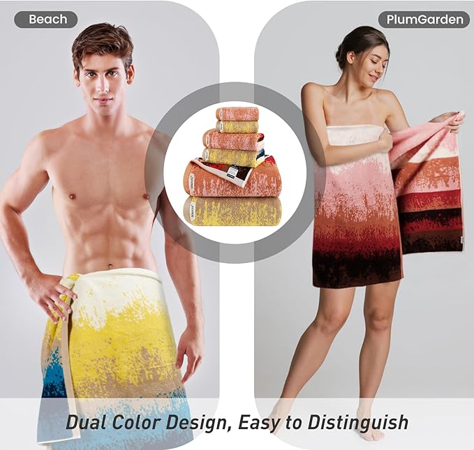 SEMAXE 6-Piece Mixed Color Towel Set - 100% Cotton, Lightweight, Absorbent, Quick-Drying Bathroom Towel, Ideal for Couples and Gifts, Bath Towel, Hand Towel, and Washcloth Per Color