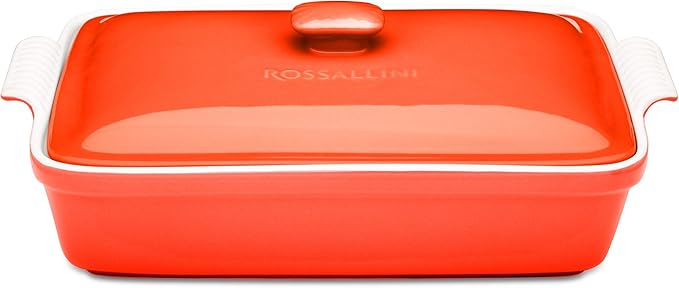 Stoneware Casserole Dish Bakeware Set with Lid, Covered Rectangular Dinnerware, Extra Large 4.23 Quart, 13 by 9 Inch, Rosso [Red]